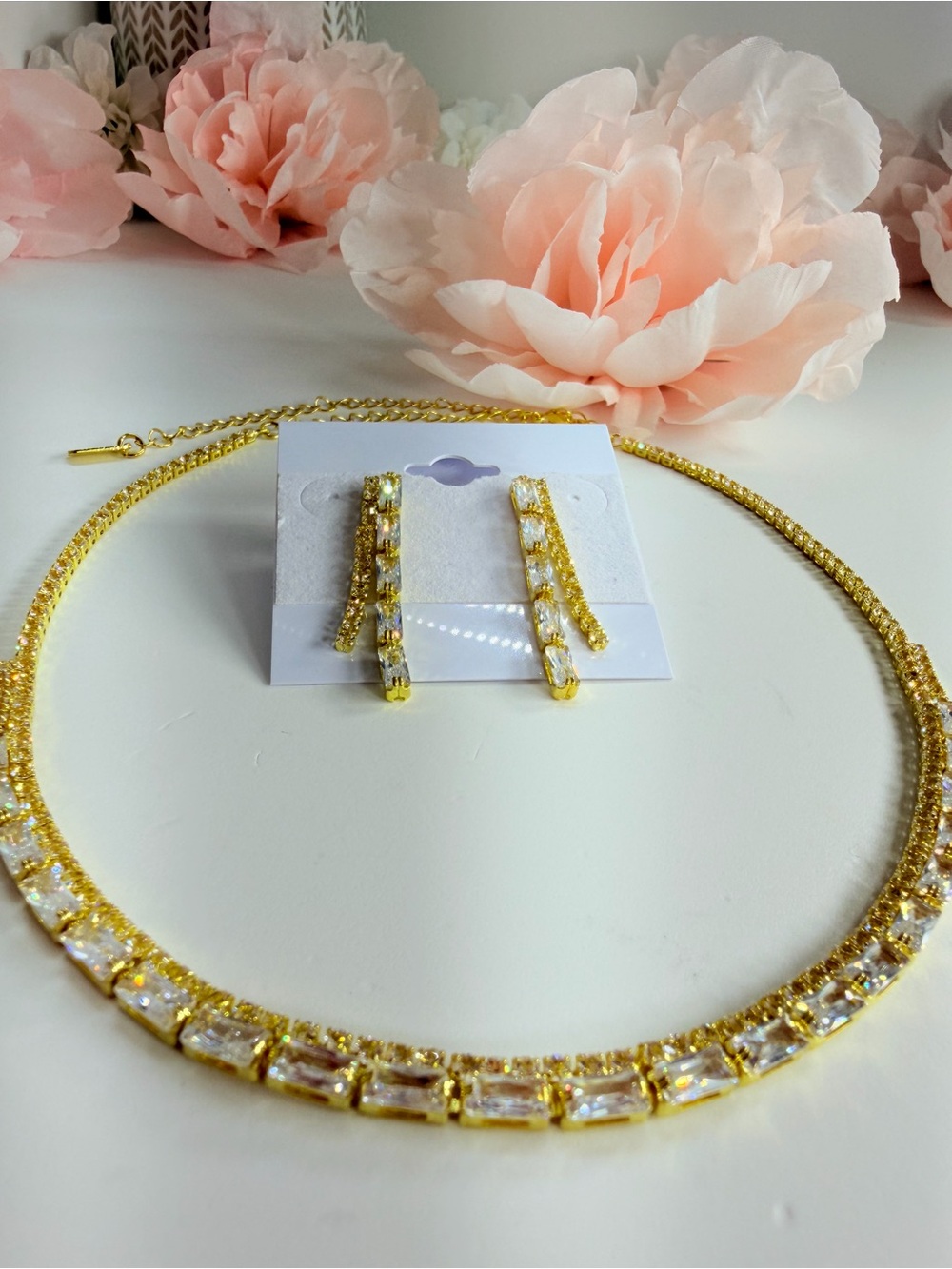 Gold Crystal Tennis Necklace and Drop Earrings Set